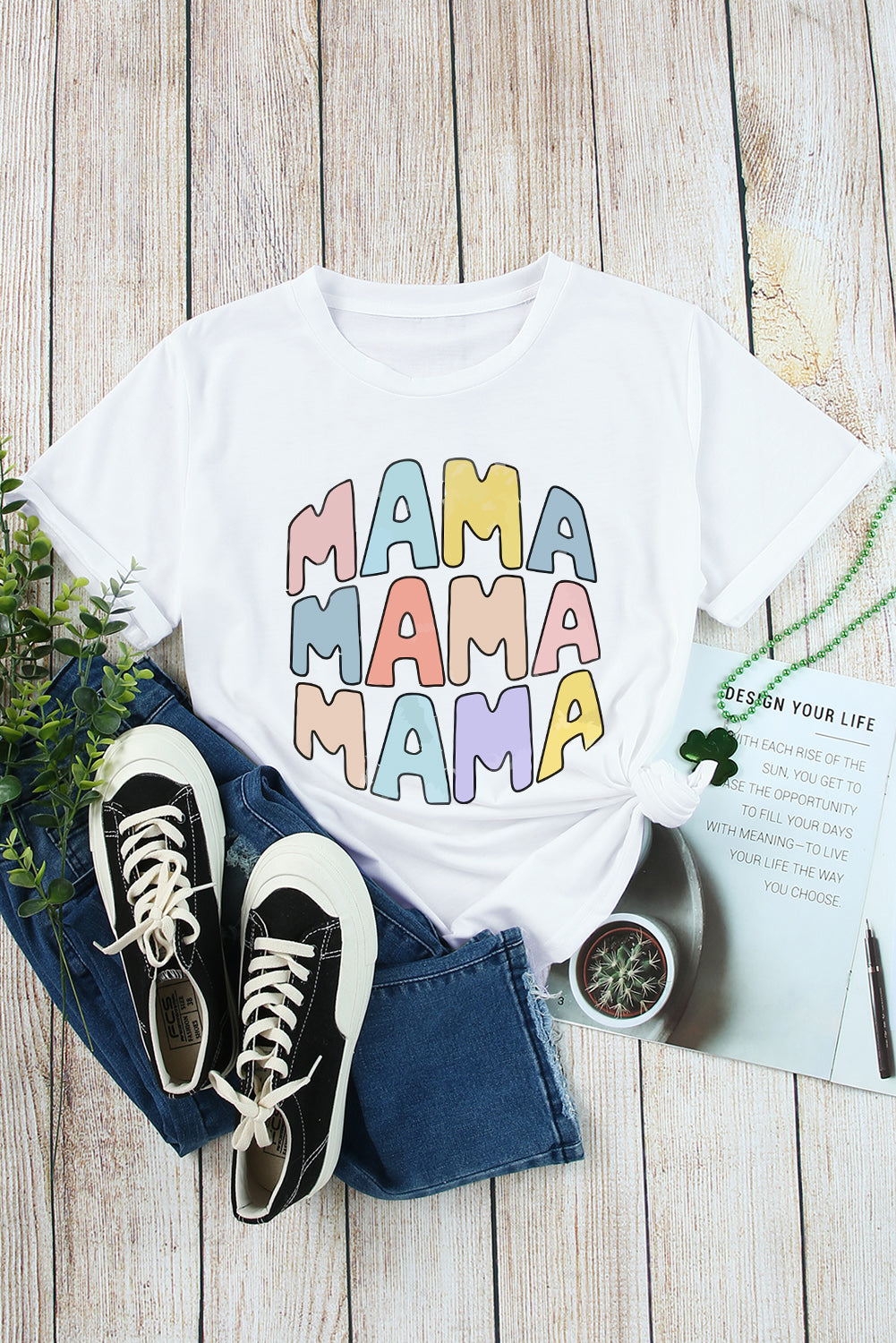 White MAMA Slogan Print Crew Neck Casual T Shirt