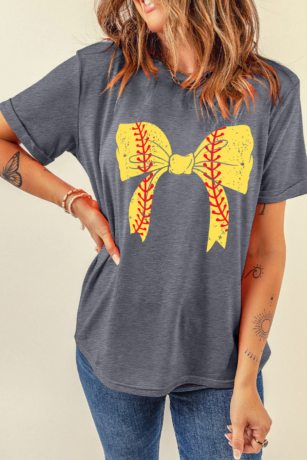 Gray Baseball Bowknot Graphic Casual Tee