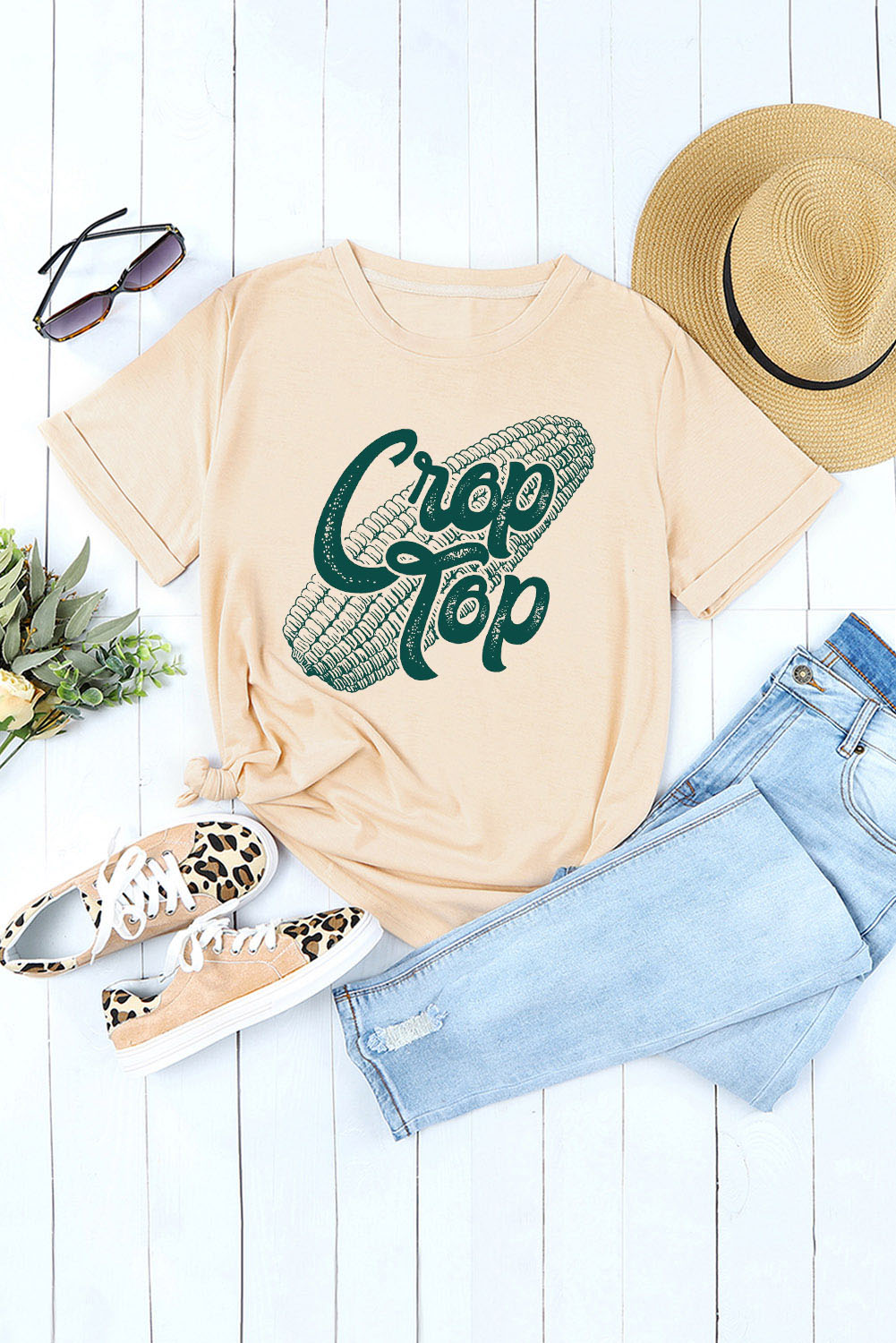 Khaki Corn Crop Top Graphic Tee