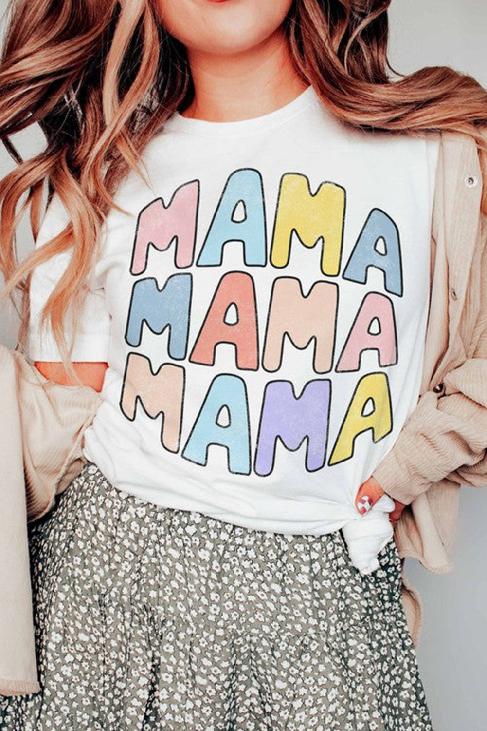 White MAMA Slogan Print Crew Neck Casual T Shirt