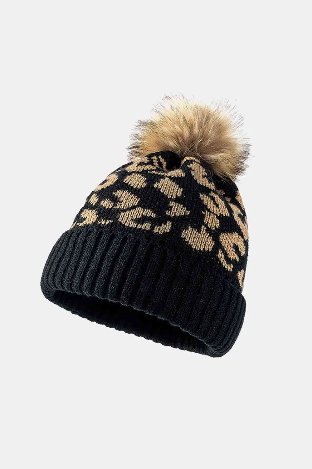 Leopard Pom-Pom Cuffed Beanie