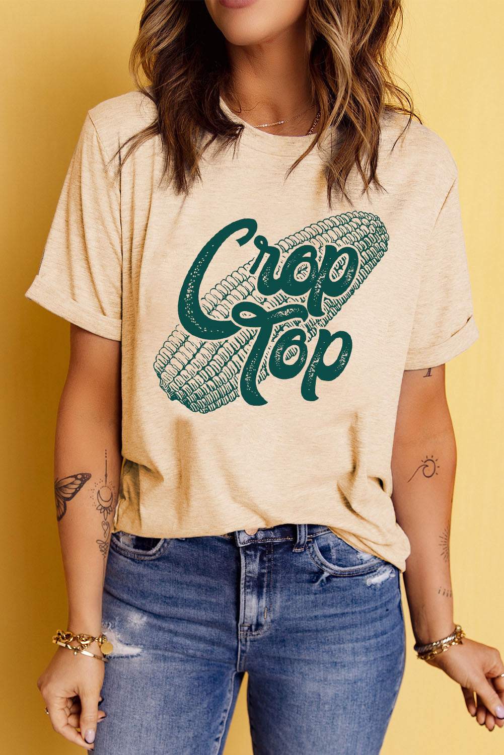 Khaki Corn Crop Top Graphic Tee